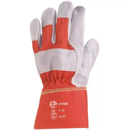 bőrkesztyű, SZÜRKE VASTAG MARHAHASÍTÉK/PIROS VÁSZON_10 (155EP) Munkakesztyű