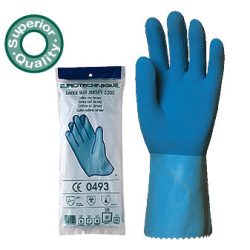   Pamut anyagra mártott kék latex csúszás elleni érdesített kézfejrész
sav-, lúg - és vegyszerálló munkavédelmi kesztyű (5219-5220)