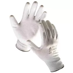   FLICKER Kötött, varratmentes, antisztatikus nylon munkavédelmi kesztyű integrált szénszállal, poliuretán bevonatú tenyérrel és ujjakkal, rugalmas mandzsettával.