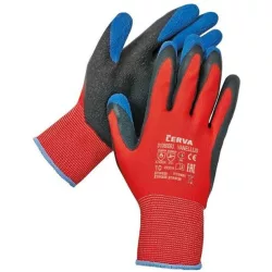   VANELLUS Kötött PES munkavédelmi kesztyű, félig mártott latex tenyérrel. Duplán mártott, ráncolt felület a biztos fogás érdekében. Rugalmas mandzsettával. Nagyobb igénybevételra is alkalmas.