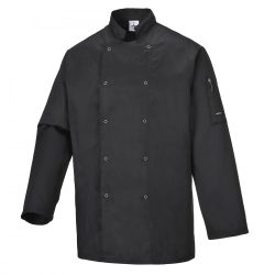   Portwest gastro ruházat, Suffolk szakácskabát (séfkabát) fehér és fekete színben, patentos, hosszú ujjú változatban. C833