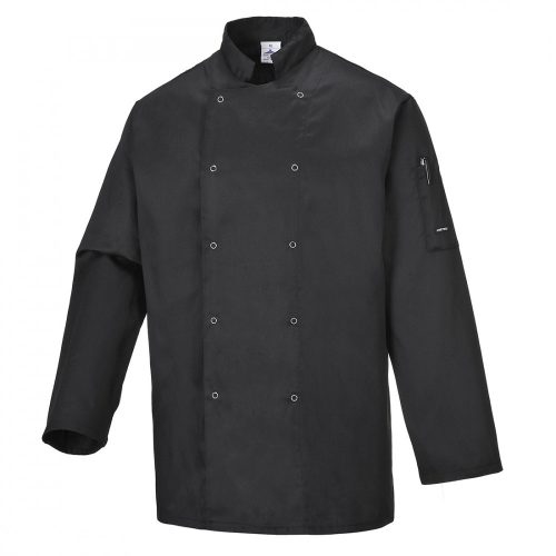 Portwest gastro ruházat, Suffolk szakácskabát (séfkabát) fehér és fekete színben, patentos, hosszú ujjú változatban. C833