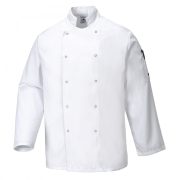 Portwest gastro ruházat, Suffolk szakácskabát (séfkabát) fehér és fekete színben, patentos, hosszú ujjú változatban. C833