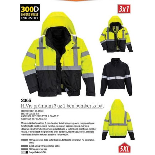 S365YBRXL, S365 - HIVIS PRÉMIUM 3 AZ 1-BEN BOMBER KABÁT