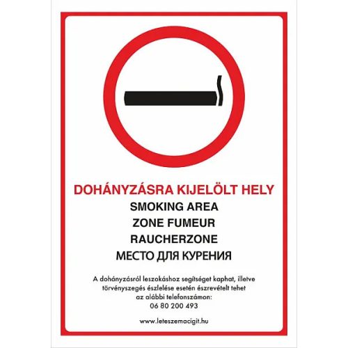 Dohányzásra kijelölt hely - 5 nyelvű tábla, utánvilágító TB-02287