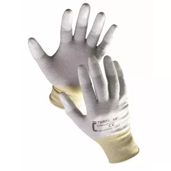   TEREL Kötött, varratmentes, antisztatikus nylon munkavédelmi kesztyű integrált szénszállal, poliuretán bevonatú ujjhegyekkel és rugalmas mandzsettával.
